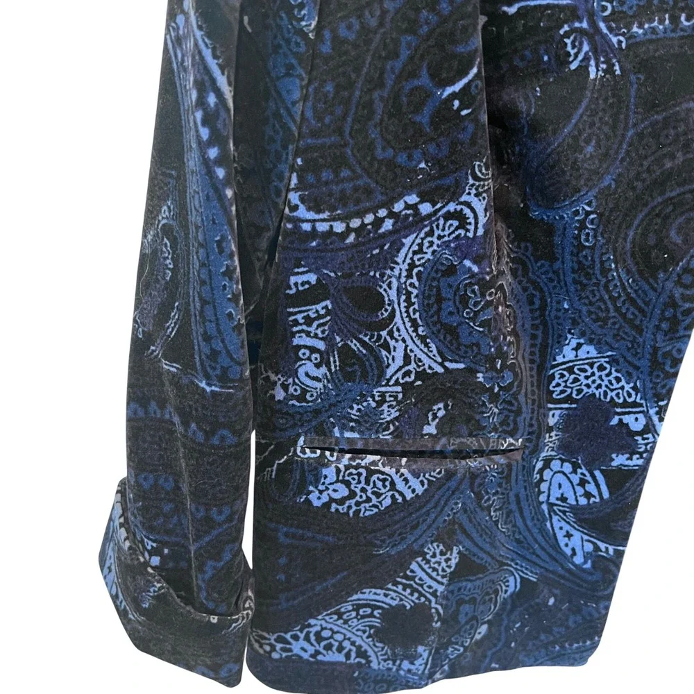 Chicos Blue Paisley Velvet Blazer Open Front Jacket Size 1 M Notched Lapel Lined